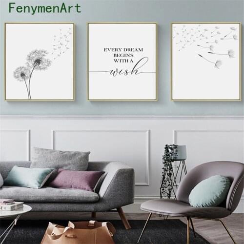 Black and White Dandelion Canvas Painting Minimalist Wall Art Make Wish Poster Prints Nordic Style Living Room Bedroom Decor