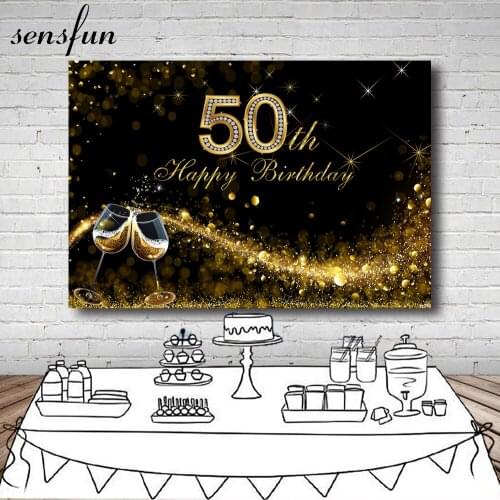 Sensfun 7x5ft Black Gold Glitter Backdrop Wine Glass Men Women Happy 50th Birthday Party Photography Backgrounds Custom Supplier