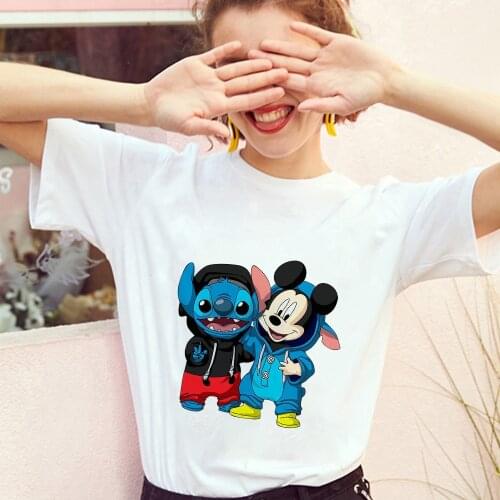 Womens T Shirts Cartoon Disney Mickey Mouse Lilo Stitch Printed Summer Short Sleeve Female T-shirts Harajuku Women Clothes