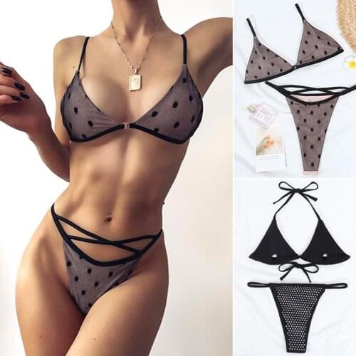 Hot kf-Transparent Bikini WomenS Sexy Mesh Polka Dot Bikini Cup Bandage Swimsuit Set Swiming Suit