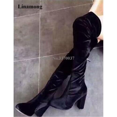 Hot Selling Women Fashion Velvet Black Blue Over Knee Chunky Heel Boots Sexy Slim Style Thick Heel Long Boots