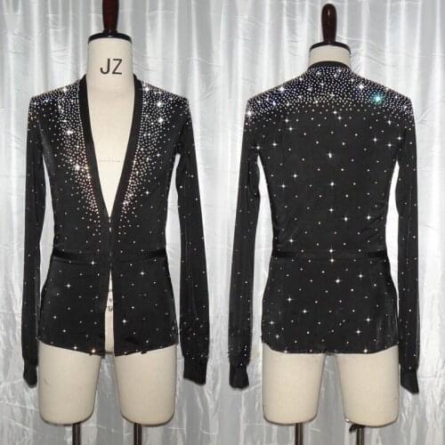 Latin Dance Shirts Black Shiny Rhinestone Top Men Competition Clothing Rumba Cha Cha Samba Tango Male Performance Wear DN3535