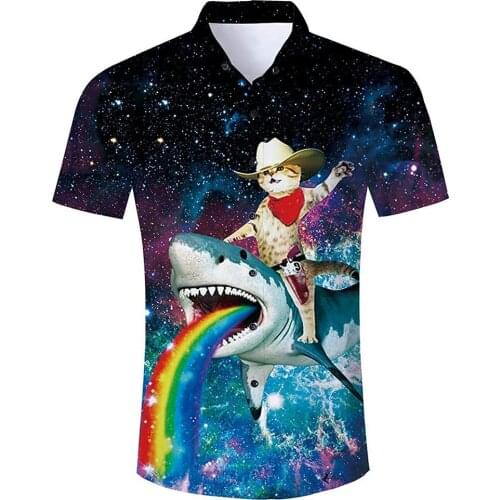 Summer Harajuku Short sleeve Shirts Funny Cowboy Cat Riding Shark 3D Printed Hawaiian Shirt Mens Harajuku Casual Shirt drop ship