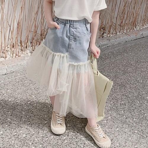 Summer Girls Skirt Kids Long Skirt Fashion Denim Patch Mesh Skirt Irregular Jeans Skirt DT015