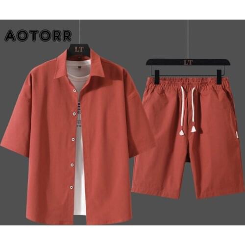 Mens Set Short Sleeve Shirt 2021 Summer Men Casual Shirt and Shorts Beach Two Piece Suit New Fashion Mens Sets Solid Color 3XL