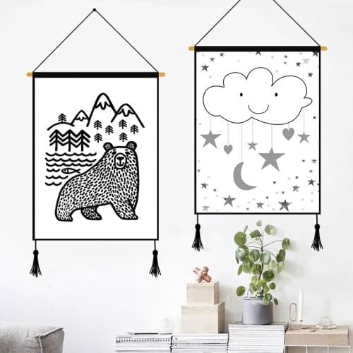 Wall Art Hanging Scroll Canvas Paintings Unframed Cartoon Animal and Cloud Print and Dying Poster Home Decoration Accessories