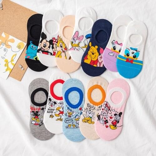 5 Pair Disney Mickey Mouse Girls Socks Anime Donald Sweat Summer Cotton Girl Womens Boat Socks Ankle Low Female Cartoon Socks