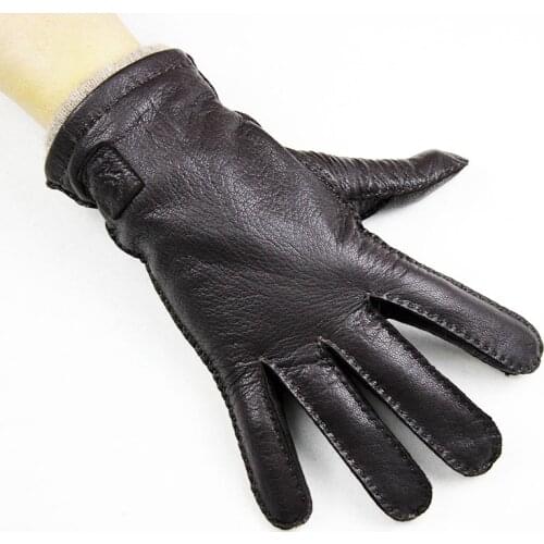 New deerskin gloves mens hand-stitched straight style dark brown wool lining autumn warm leather gloves free shipping