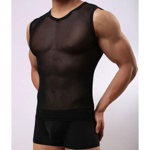 Sexy Men Plus Size Mesh Transparent Tank Top See Through Vest Male Hot Underwear Lingerie Sleep Wear Gay Wear F18