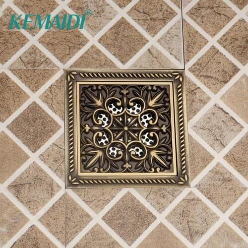 KEMAIDI Floor Drains Antique Brass Shower Floor Drain Bathroom Euro Square Floor Drain Strainer Cover Grate Waste 15cm*15