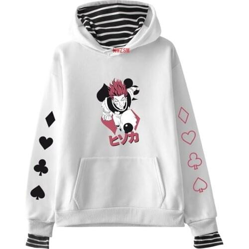 Japan Anime Hunter X Hunter Hisoka Hoodie Women Men Striped Patchwork Fake Two Pieces Hooded Sweatshirt Male Tracksuit