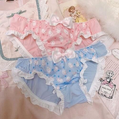 Japanese Kawaii Soft Girl Sweet and Cute Bow Cartoon Underpants Students Sexy Rabbit Milk Silk Low Waist Ruffled Sexy Panties