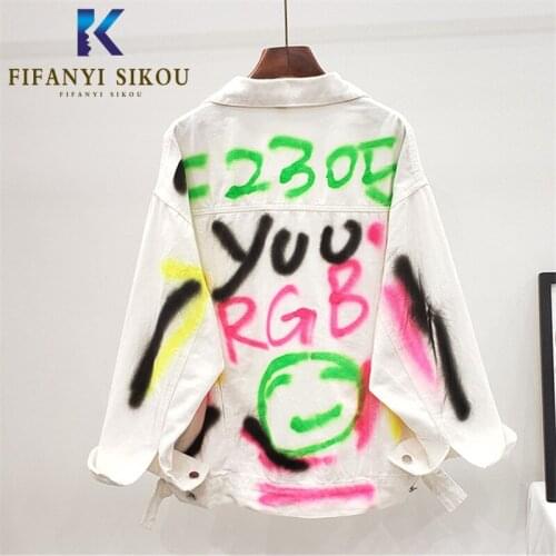 Streetwear Women White Denim Jacket Fashion Letter Graffiti Print Jeans Jacket Female Loose Hip hop Jeans Coat Harajuku Jackets