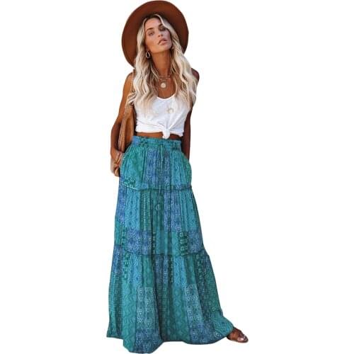 Tiered Print Pocketed Maxi Skirt Women High Waist Loose Maxi Beach Autumn Skirt