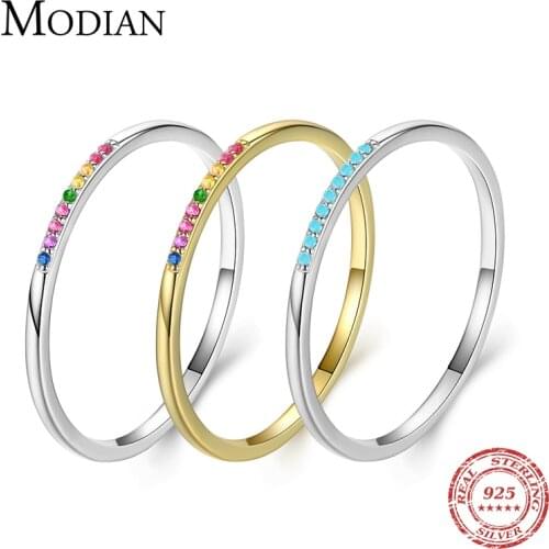 Modian New Real 925 Sterling Silver Trendy Rainbow CZ Stackable Colorful Finger Rings For Women Female Wedding Statement Jewelry