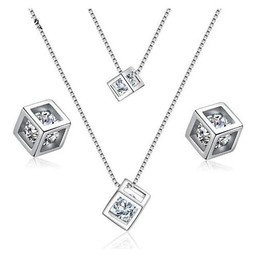 2019 Bijoux New Bridal Jewelry Sets 925 Sterling Silver Layer Choker Necklaces Cubic Zirconia Cubes Box Earrings for Women Gift