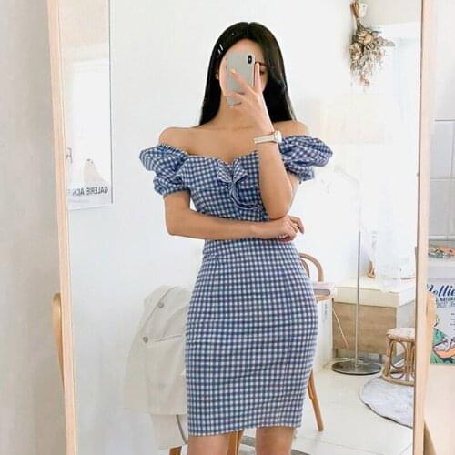 Women Dress New Arrival Polyester Slash Neck Summer Dress 2020 New Fashion Sexy Word Shoulder Bubble Sleeve Slim Plaid Women
