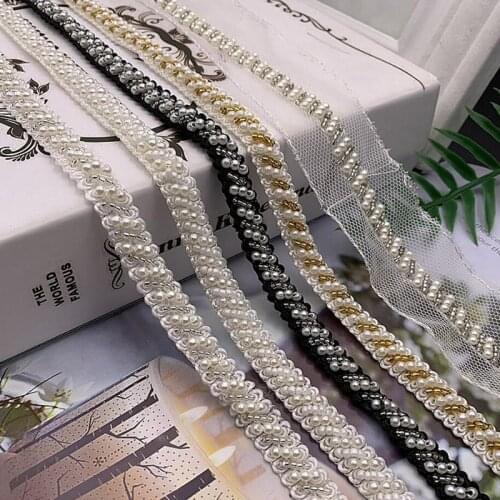 10Yds Vintage Pearl Beaded Lace Trim Tape Lace Ribbon African Lace Fabric Collar Dress Sewing Garment Headdress Materials New