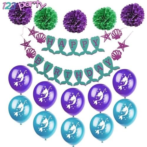 123 Party Mermaid Party Decoration Set Paper Flower Ball Balloon Birthday Party Supplies Mermaid Banner Balloon Garland Set