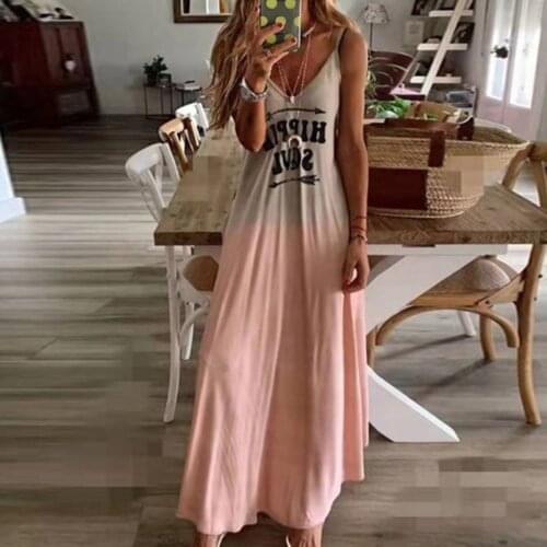 40# V-neck Gradient Color Dress Women Sexy Halter Dress Oversized Strap Dress Vintage Long Maxi Dress Holiday Beach Robe Femme
