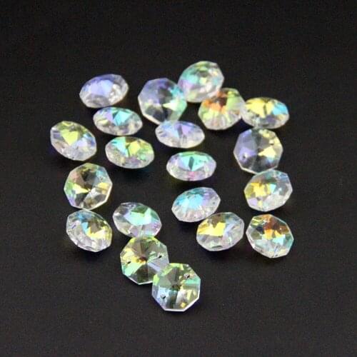 50pcs/lot Crystal 14mm Octagon Beads AB Color In 2 Holes Glass Chandelier Part For Strand Garland Decoration