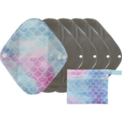 Ohbabyka Reusable Bamboo Hygiene Menstrual Pad 5PCS + 1 FREE Mini Waterproof Bag NEW Charcoal Washable Women Sanitary Pads S M L