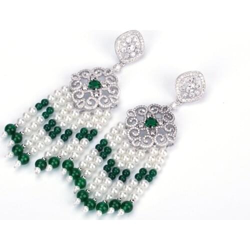 Boho Cz Zircon Connector Pendant Charms White Pearl Vintage Green Stone Beaded Dangle Shaded Tassel Earrings For Women Wedding