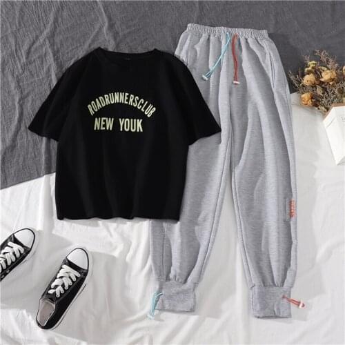 Black Cargo Pants Women Casual Joggers High Waist Loose Female Hip Hop Trousers T Shirt 2 Piece Suit Streetwear Femme