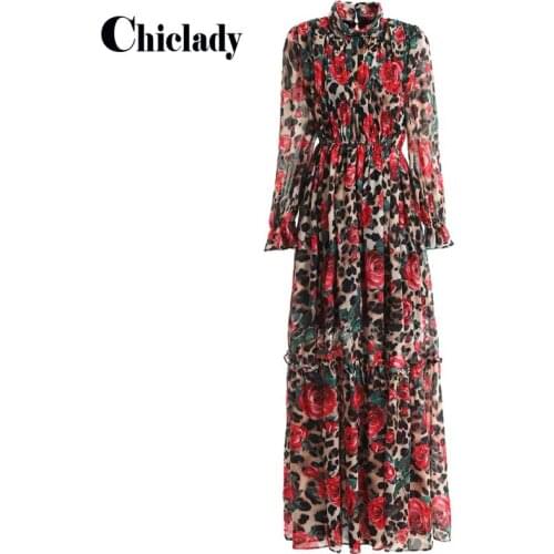 CHICLADYFashion Runway Long Sleeve Maxi Dresses Womens Elegant Party Rose Floral Leopard Print Long Dress Holiday Dress vestido