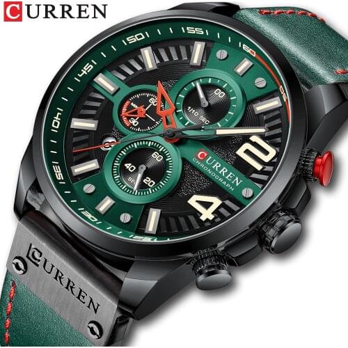 CURREN NEW Watches for Mens Chronograph Leather Wristwatch Fashion Green Male Clock with Designed Dial
