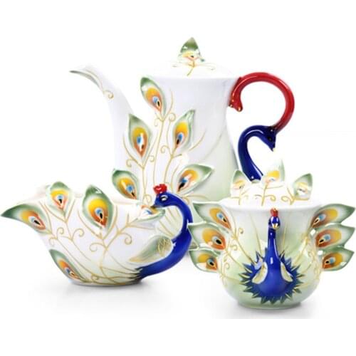 Color Enamel 3D Peacock Coffee Pot Sugar Cans Milk Kettle Creative Bone China Drinkware Ceramic Set