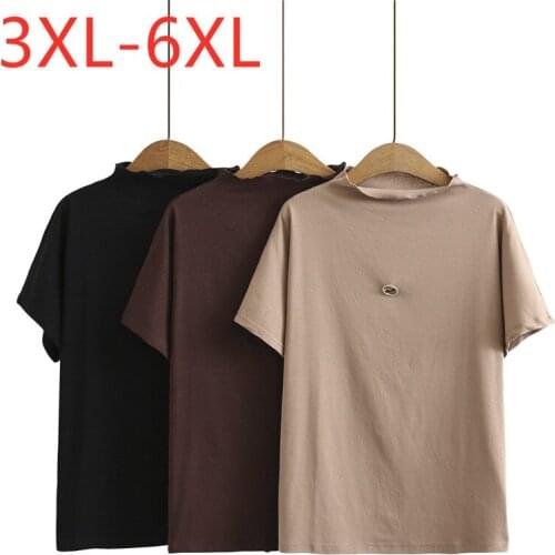 New 2021 Ladies Spring Summer Plus Size Tops For Women Large Short Sleeve Loose Cotton Turtleneck Khaki T-Shirt 3XL 4XL 5XL 6XL