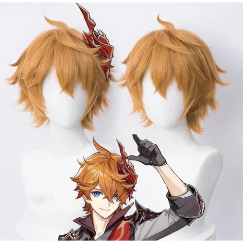 Genshin Impact Tartaglia Cosplay Wig 30cm Short Golden Brown Heat Resistant Synthetic Hair Halloween Anime Cosplay Wigs +Wig Cap