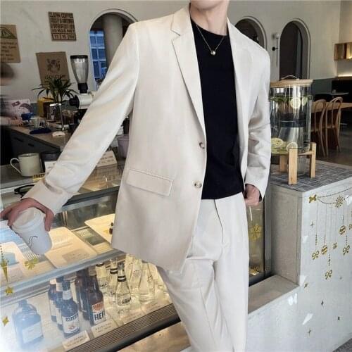 2021 Solid Color Mens Suit Korean 2 Pcs Set Blazer Jacket Pants Loose Wedding Suits Casual Street Wear Social Costume Homme