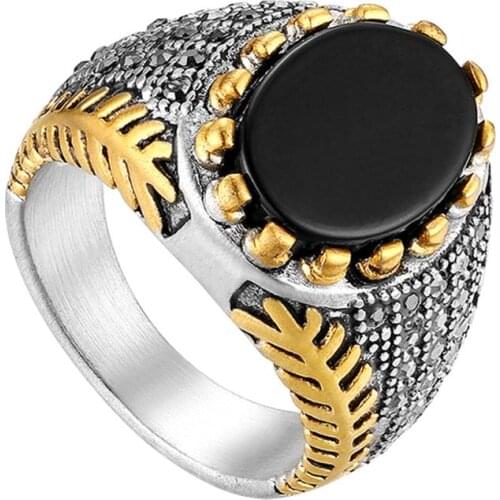 BONISKISS Vintage Black Onyx Rings For Men Stainless Steel Mens Ring Wedding Anniversary Gift Jewelry Rings for Male Party