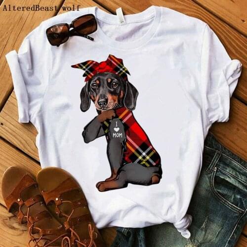 Summer Dachshund I Love Mom T-shirt Women Harajuku Mama Plaid Bandana T Shirt Dog White Funny 2021 Tshirt Clothes