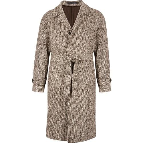 Male Woolen Overcoat Striped Belt V-Sleeve Long Jacket Casual England Style Fashion Handsome Mens Coat