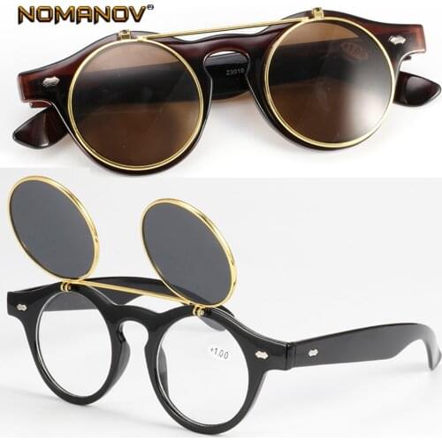 NOMANOV Indoor and Outdoor Flip Up and Down Sunglasses Round Retro Reading Glasses +0.75 +1.5 +1.75 +2 +2.25 +2.5 +2.75 To +3.5