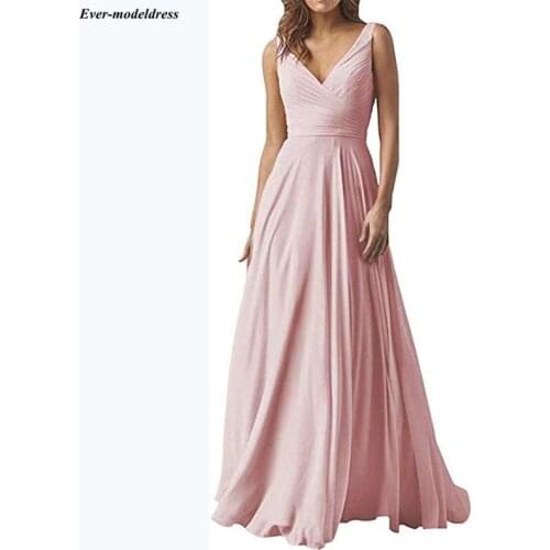 Simple Bridesmaid Dresses Long V-Neck Zipper Back Floor Length Pleats Chiffon Wedding Guest Dress Maid of Honor Gowns 2020 Cheap