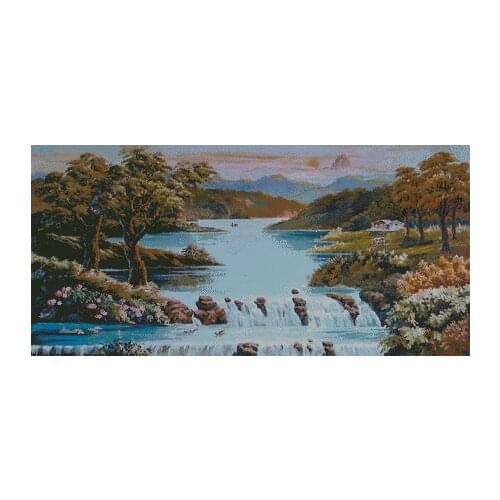 Needlework,Embroidery,DIY Scenic The river flows in mountain forest Cross stitch kits,Art Pattern sets Cross-Stitching decor