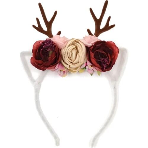 Antlers Floral Crown Headbands Christmas Party Decor Baby Girls Cloth Diadem Fabric Flower Tiara Hairband Kids Women Fancy Dress