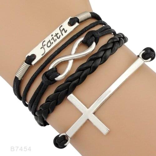 Silver Faith Believe Fearless Infinity Love Courage Jesus Loves Me Forgiven Sideways Cross Christian Leather Bracelets for Women