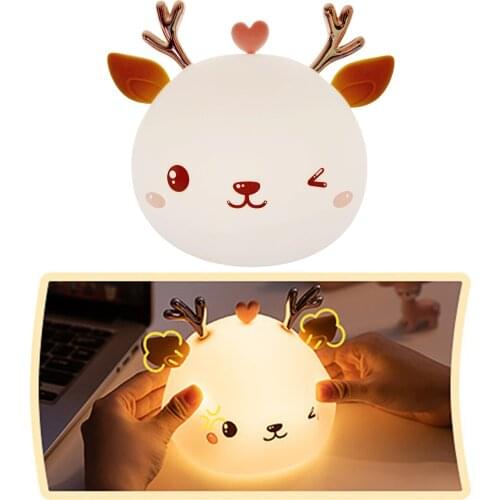 LED Nursery Night Light for Kids, Cartoon Deer Silicone Baby Cute Night Light Touch Sensor - Infant Toddler Night Lamp Gift