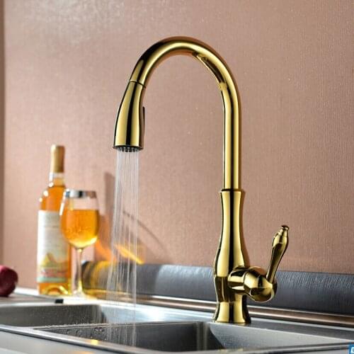 Free shipping Pull-Out Gold Plate Kitchen Faucet Single Lever Single Hole Mixer Tap NEW