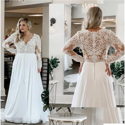 Plus Size Wedding Dresses Illusion Lace Top Long Sleeve V Neck Chffon Bohemian Bridal Gowns Vestido De Noiva Custom Made