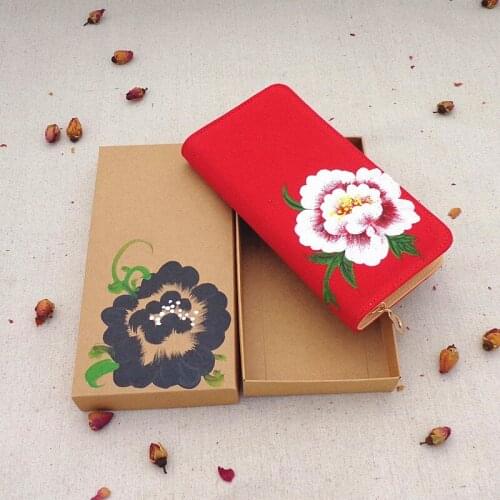 Women Ladies Handmade Ink Painting Peony Flowers Long Red Zipper Wallet Card Money Holder Clutch Purse Wallets Mothers Day Gift