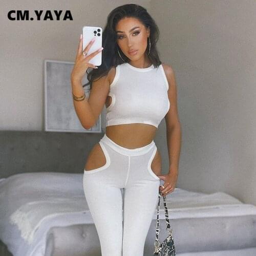 CM.YAYA Women Two 2 Piece Set Classic Cut Out Crop Tops and Legging Pants Matching Set Outfits Yoga Sport Tracksuit Sweatsuit