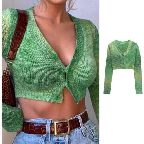 Women Long Sleeve Sweater Cardigan Multicolor Gradient Button Knit Crop Jacket