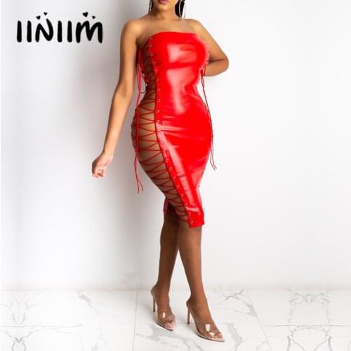 Womens Knee Length Bodycon Dresses Sides Lace-up Strapless Stage Show Bar Clubwear Fashion Hollow Out Patent Leather Dress