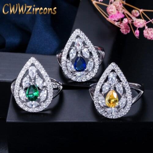 CWWZircons Fashion Pear Shape Yellow Blue Green Cubic Zirconia Crystal Women Engagement CZ Rings Jewelry R0903